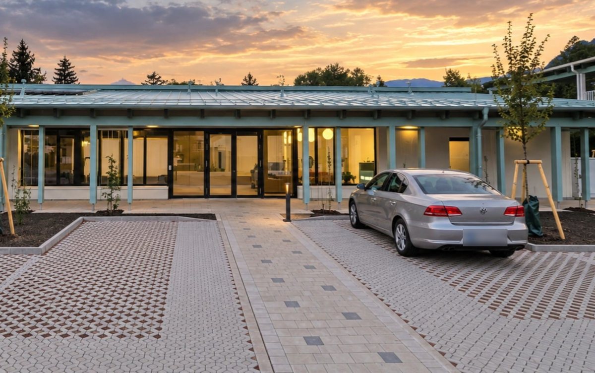 Ärztezentrum Payerbach von außen: ebenerdiger, stufenloser Weg vom Parkplatz zum Eingang der Ordination